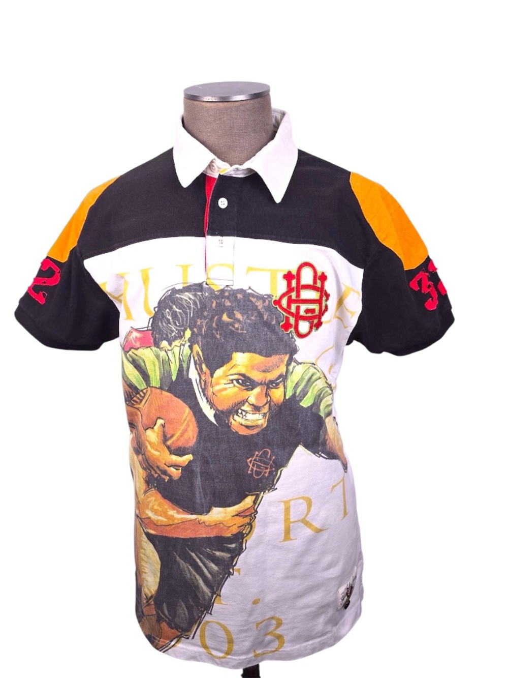 Rare Vintage-Hustle Gang "Speak No Evil" All Over Print Rugby Polo Shirt Mens L